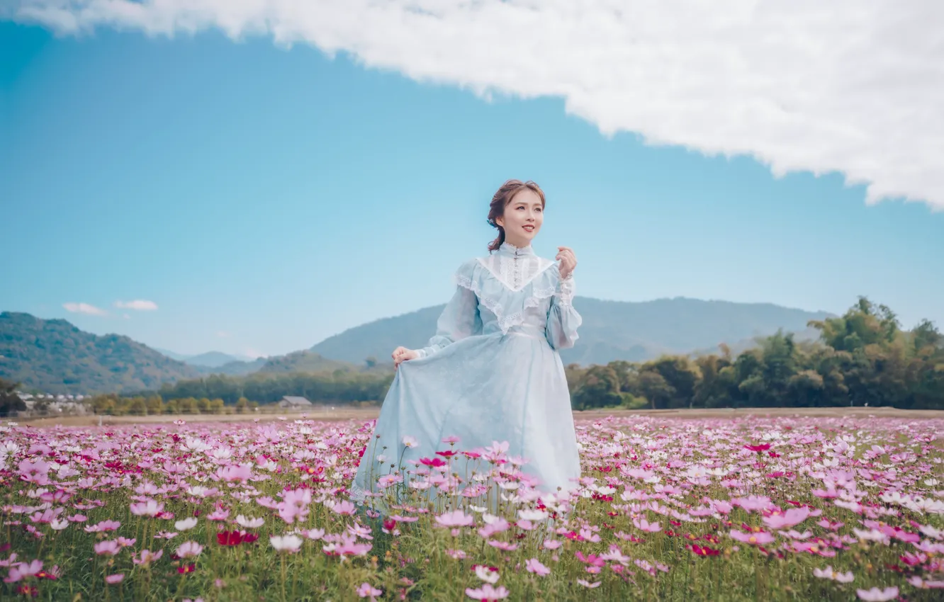 Photo wallpaper field, girl, flowers, pose, dress, Asian, kosmeya