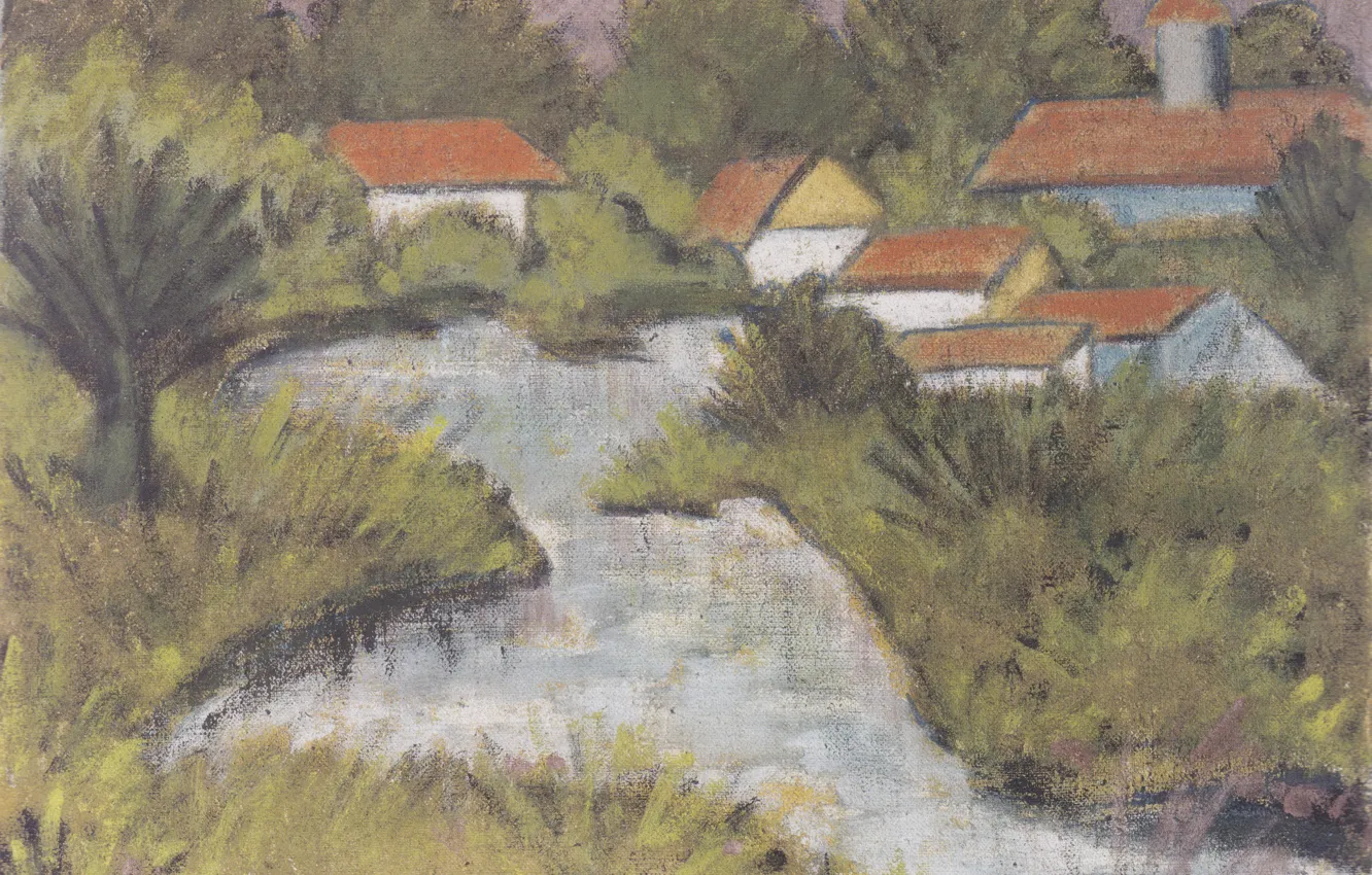 Photo wallpaper river, home, the bushes, Expressionism, Otto Mueller, ca1929, Red Roofs -