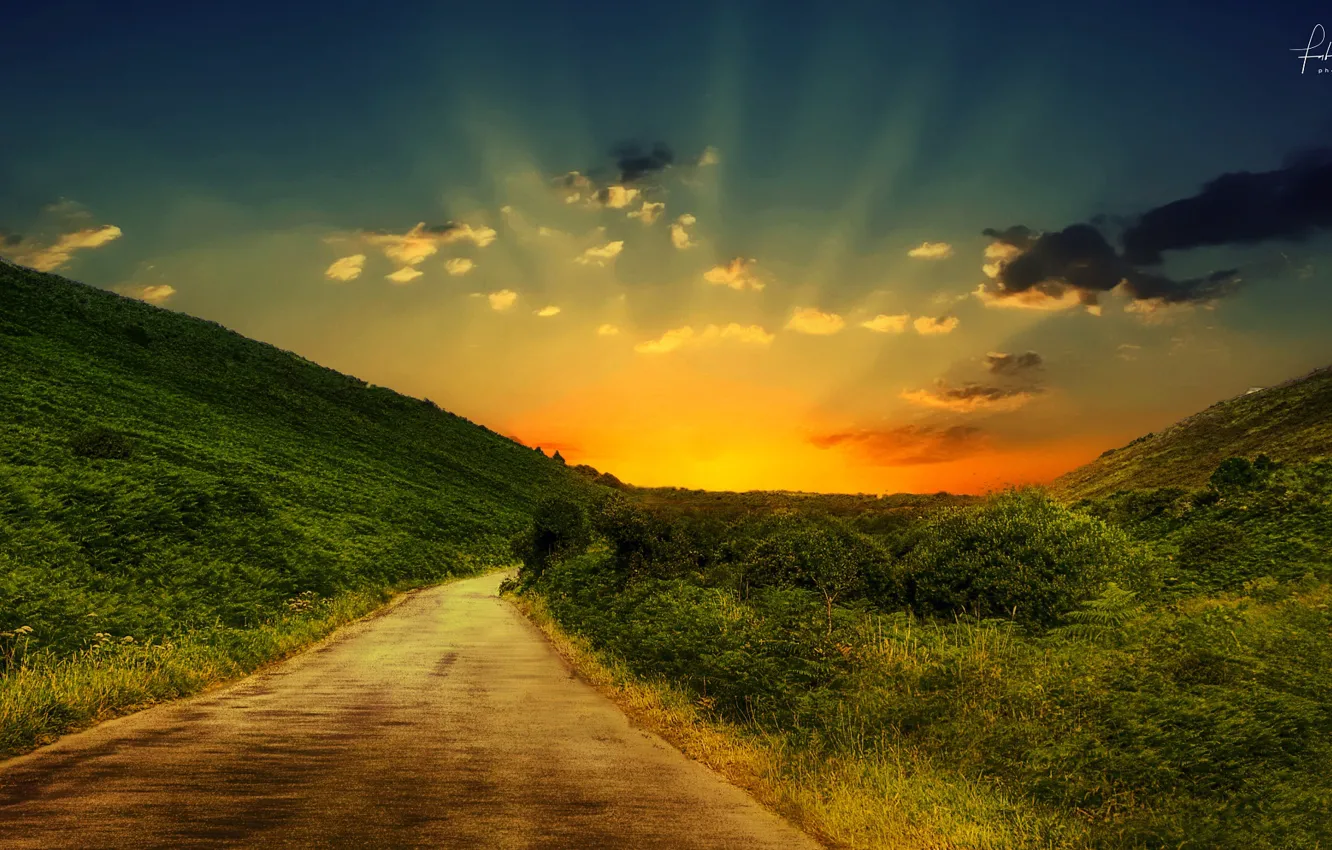 Photo wallpaper road, grass, sunset, Fabio Crivelli