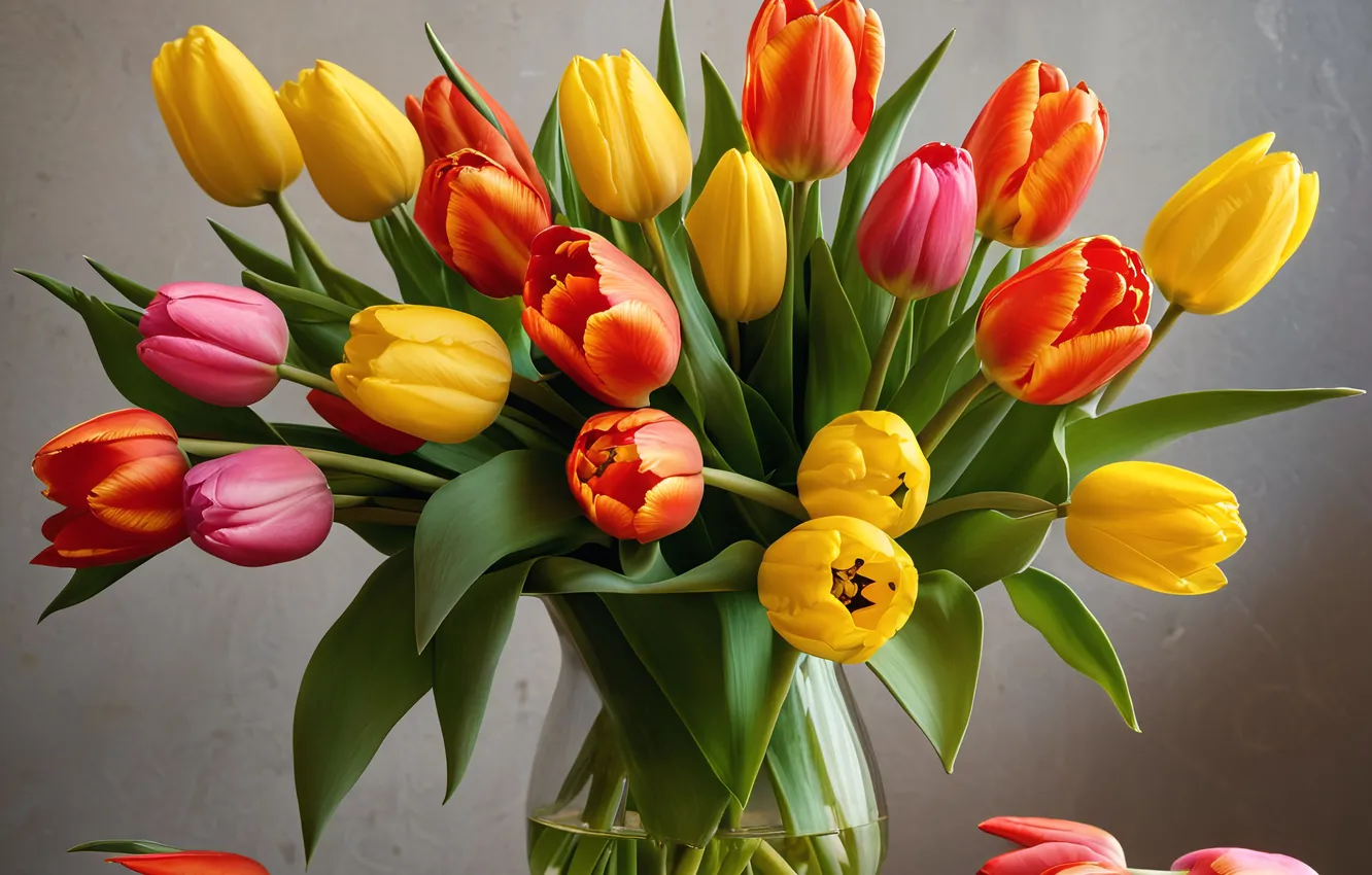 Photo wallpaper neural network, vase, flowers, bouquet, AI art, spring, tulips
