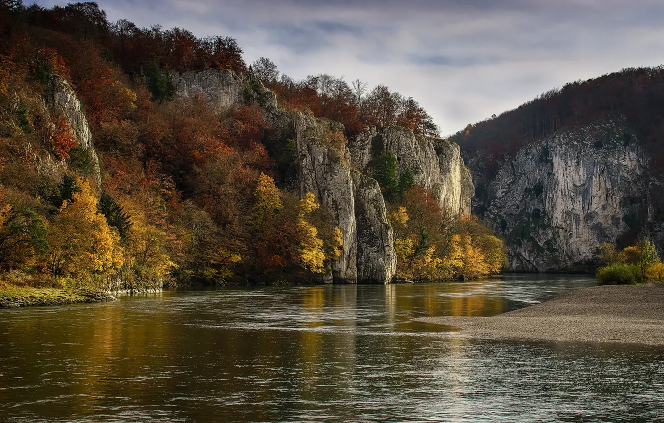 Photo wallpaper autumn, forest, trees, river, rocks, Germany, Bayern, Kelheim