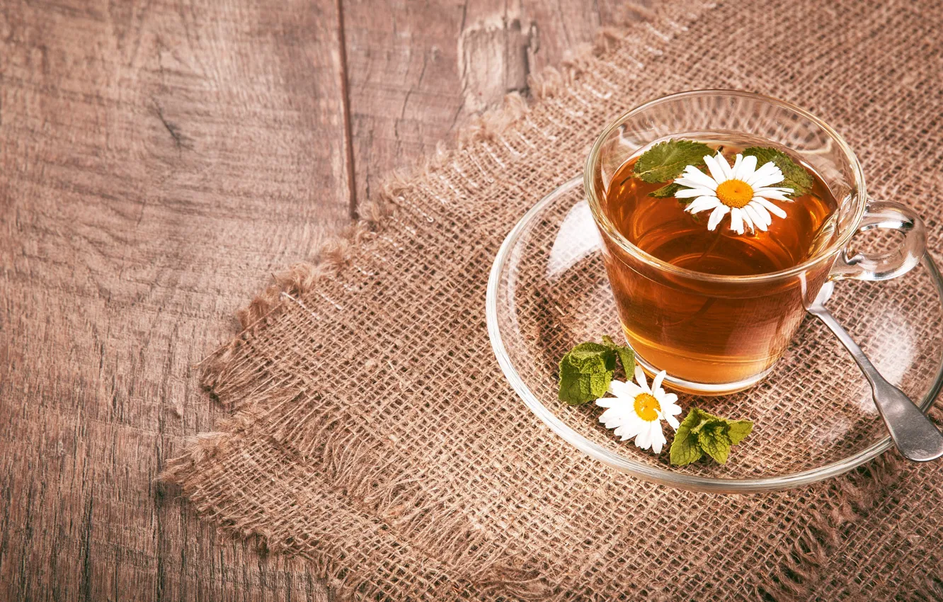 Photo wallpaper tea, chamomile, Cup, burlap