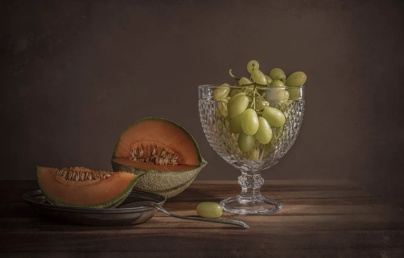 Photo wallpaper glass, grapes, plug, still life, melon, vase