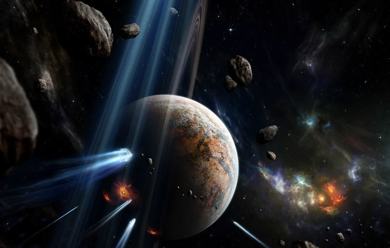 Photo wallpaper space, planet, explosions, meteors