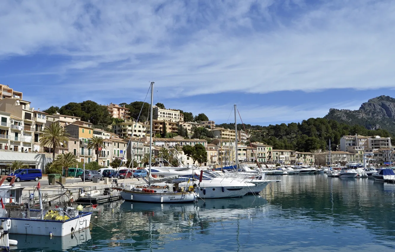Photo wallpaper Bay, yacht, pier, boat, Spain, promenade, Spain, Mallorca
