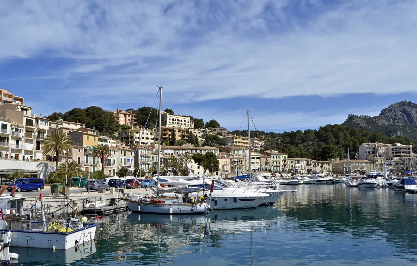 Photo wallpaper Bay, yachts, pier, boats, Spain, promenade, Spain, Mallorca