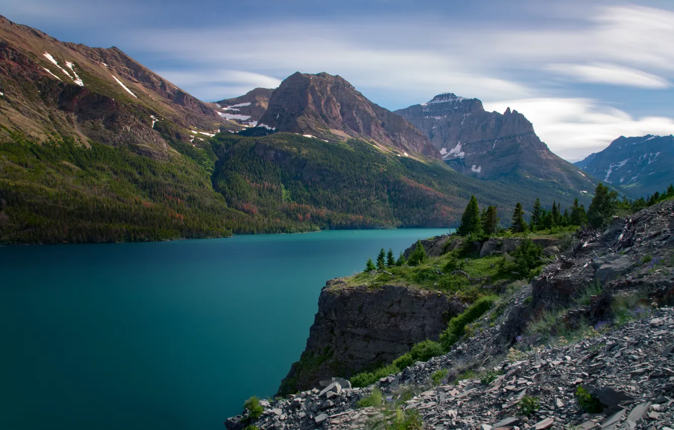 Photo wallpaper landscape, mountains, nature, lake, USA, forest, national Park, Saint Mary Lake