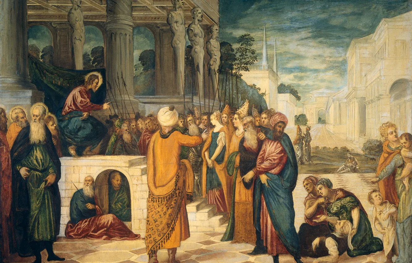 Photo wallpaper oil, picture, canvas, mythology, Tintoretto, Christ and the adulteress