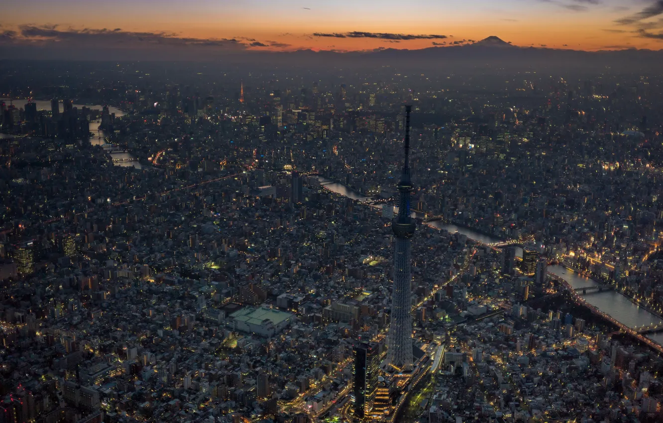 Photo wallpaper night, the city, Tokyo Skytree, Tokyo Tower and Mount, Sumida River