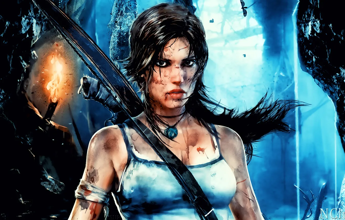 Photo wallpaper lights, weapons, blood, bow, dirt, pendant, torch, cave