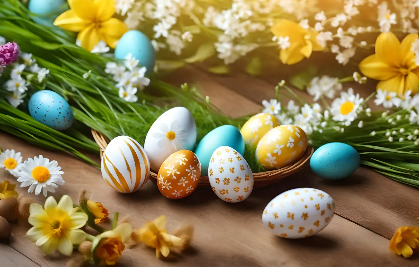 Photo wallpaper flowers, eggs, spring, colorful, Easter, flowers, spring, Easter