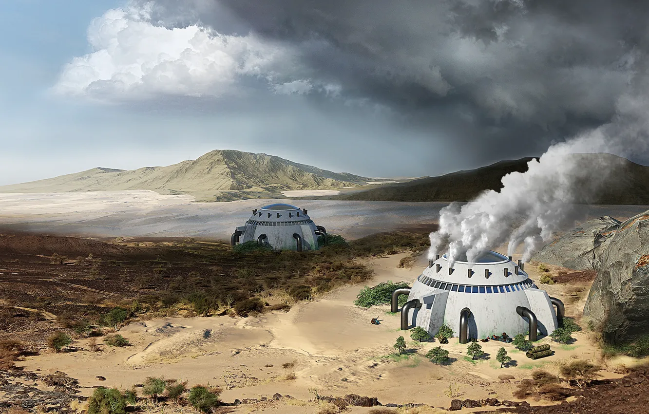 Photo wallpaper mountains, construction, climate change, desert retouching, Vaporous dome