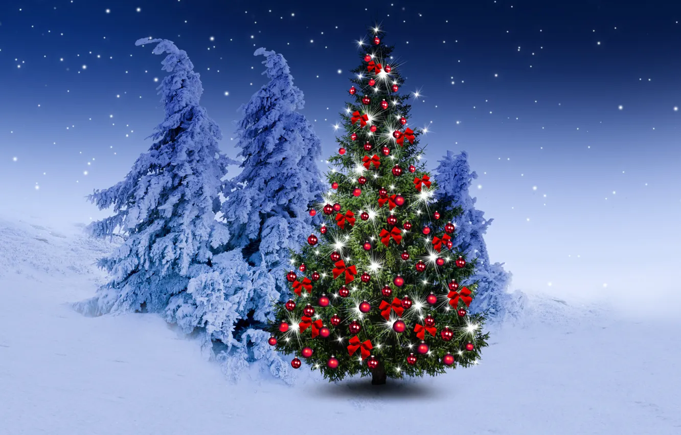 Photo wallpaper winter, snow, decoration, snowflakes, balls, tree, new year, Christmas