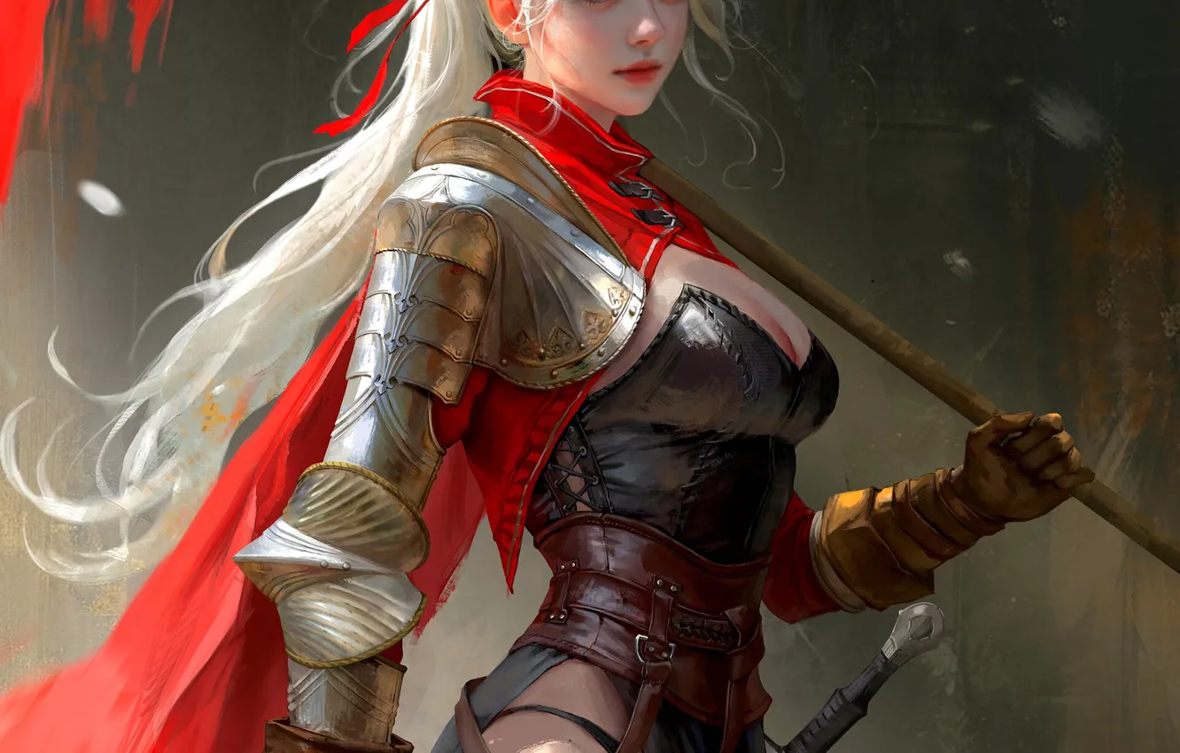 Photo wallpaper girl, sword, fantasy, cleavage, armor, green eyes, ponytail, artwork