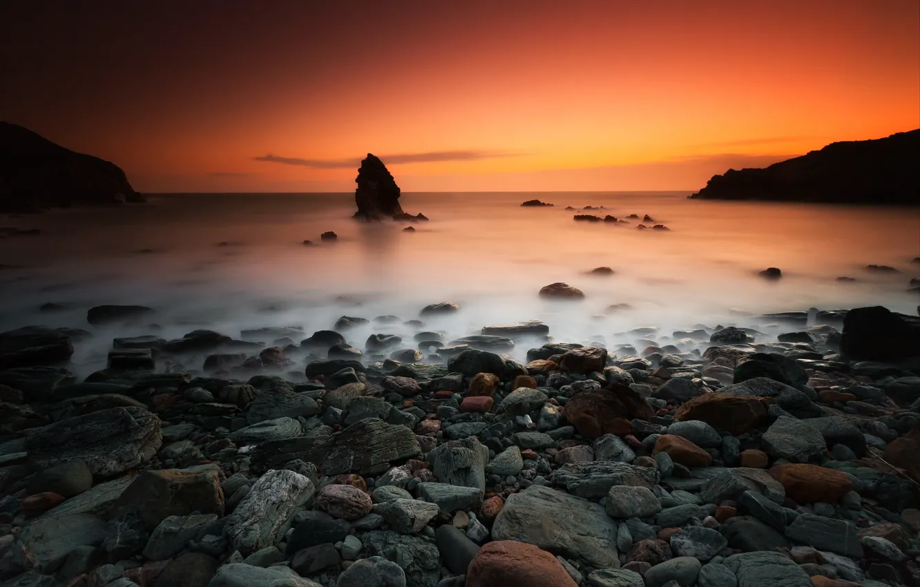 Photo wallpaper sea, sunset, rock, stones, shore, horizon