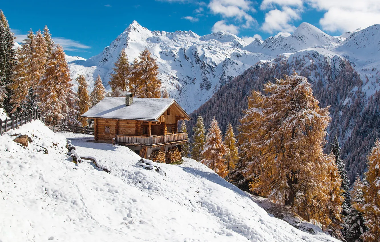 Photo wallpaper winter, forest, clouds, light, snow, mountains, nature, blue