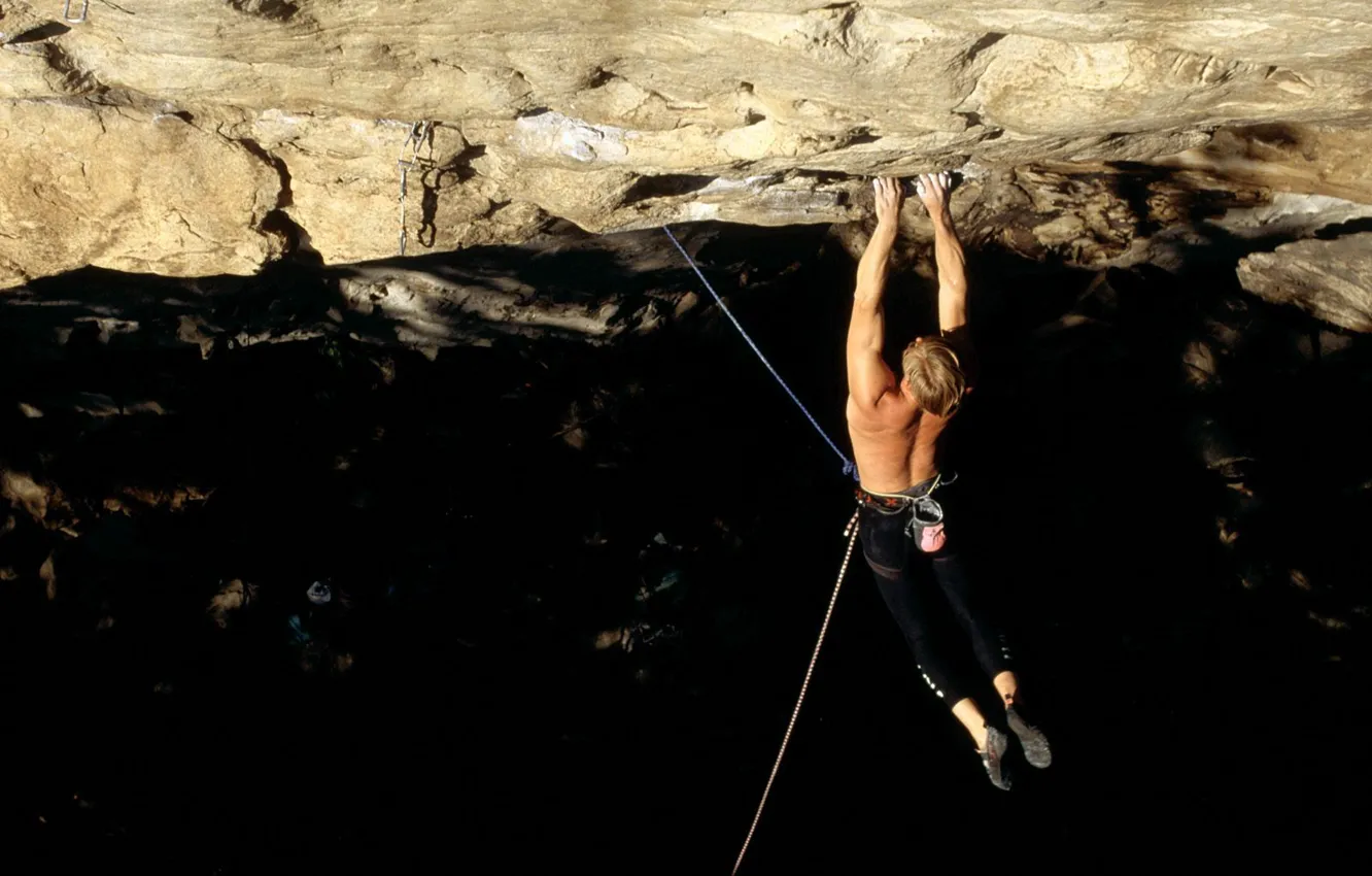 Photo wallpaper rock, male, rope, climber, climbing, insurance