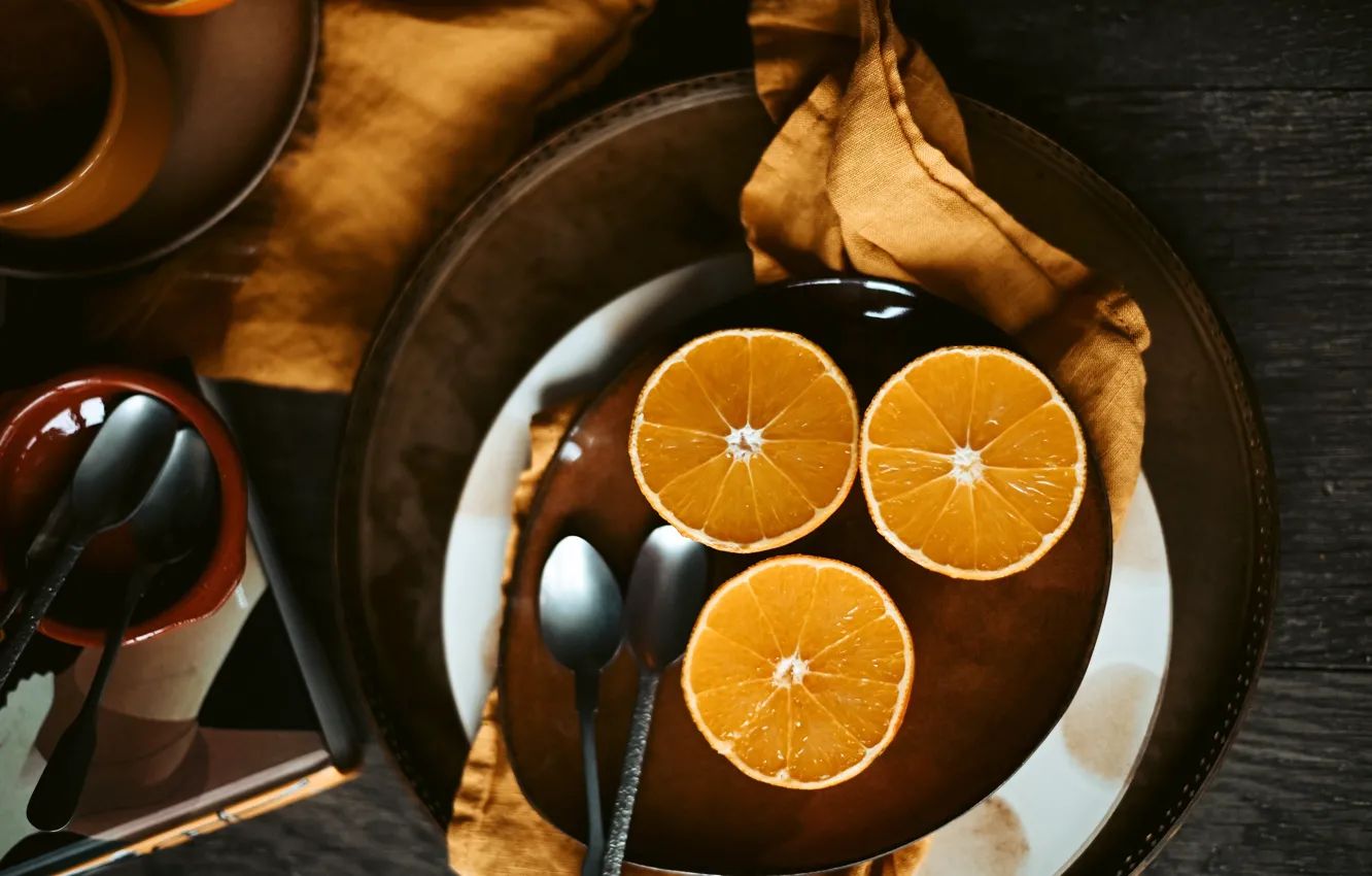 Photo wallpaper the dark background, table, Board, towel, oranges, plates, dishes, trio