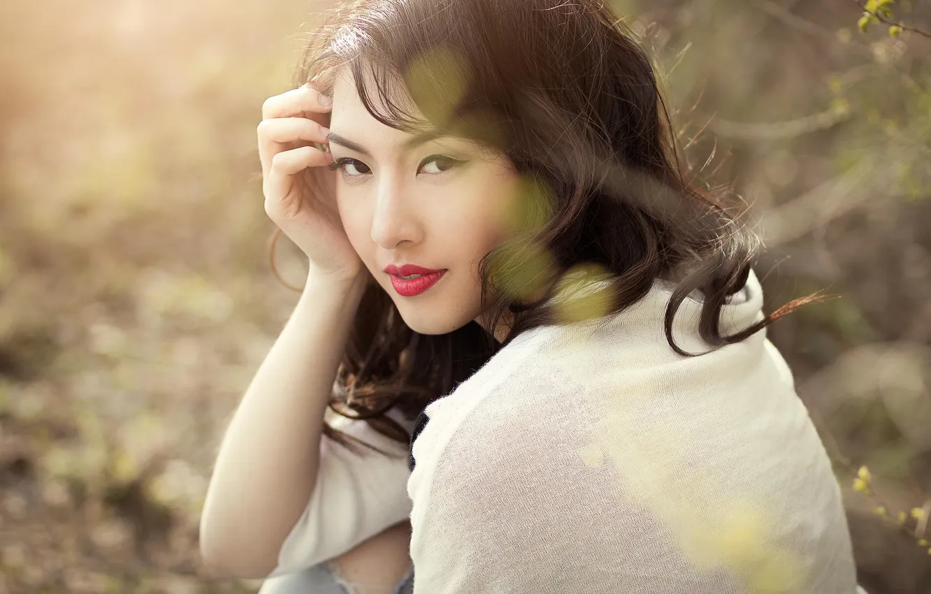 Photo wallpaper girl, red, smile, model, brunette, lips, Asian