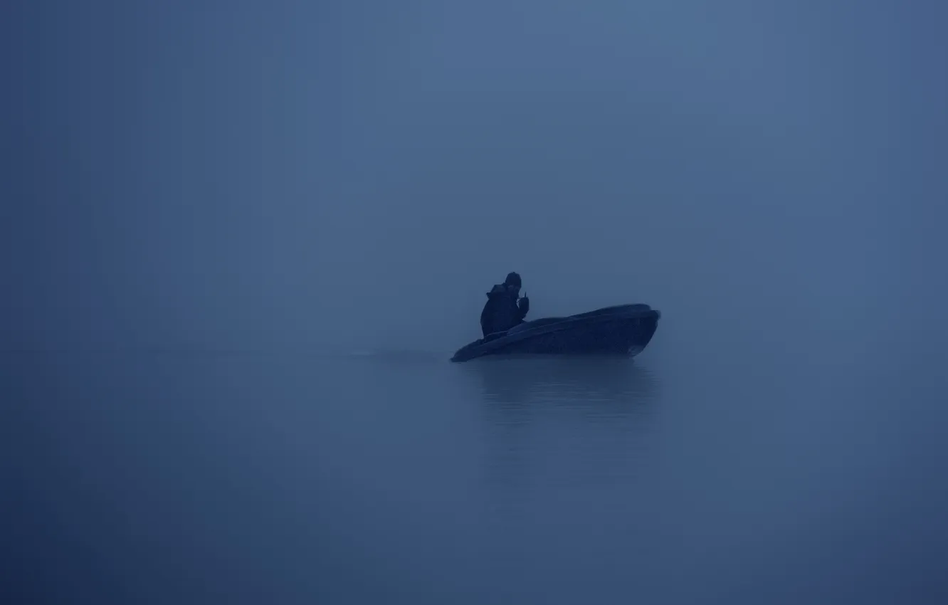 Photo wallpaper winter, lake, fog, man, motorboat