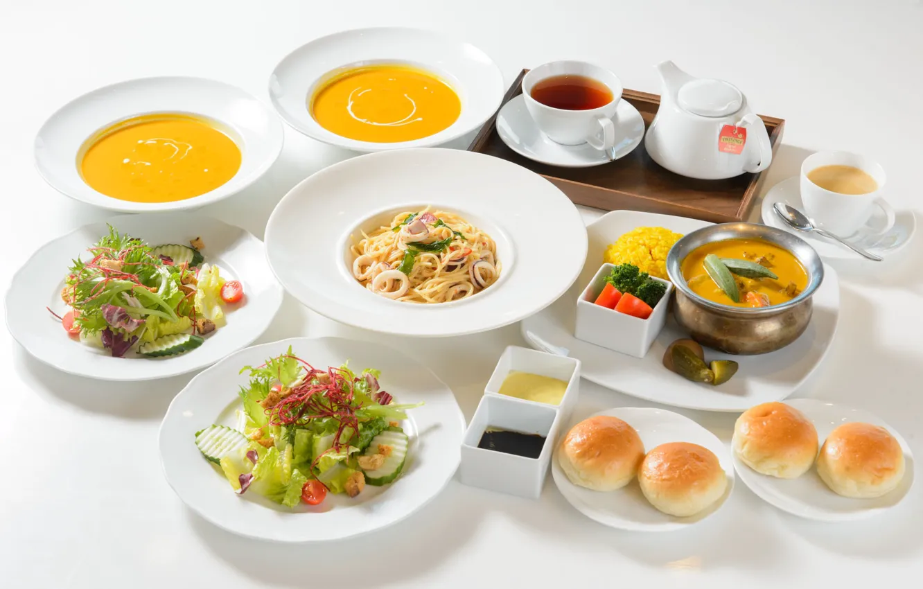 Photo wallpaper tea, coffee, soup, salad, buns, meals, pasta