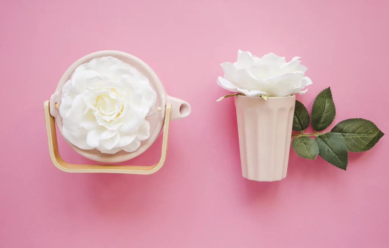 Photo wallpaper flowers, background, kettle, white roses