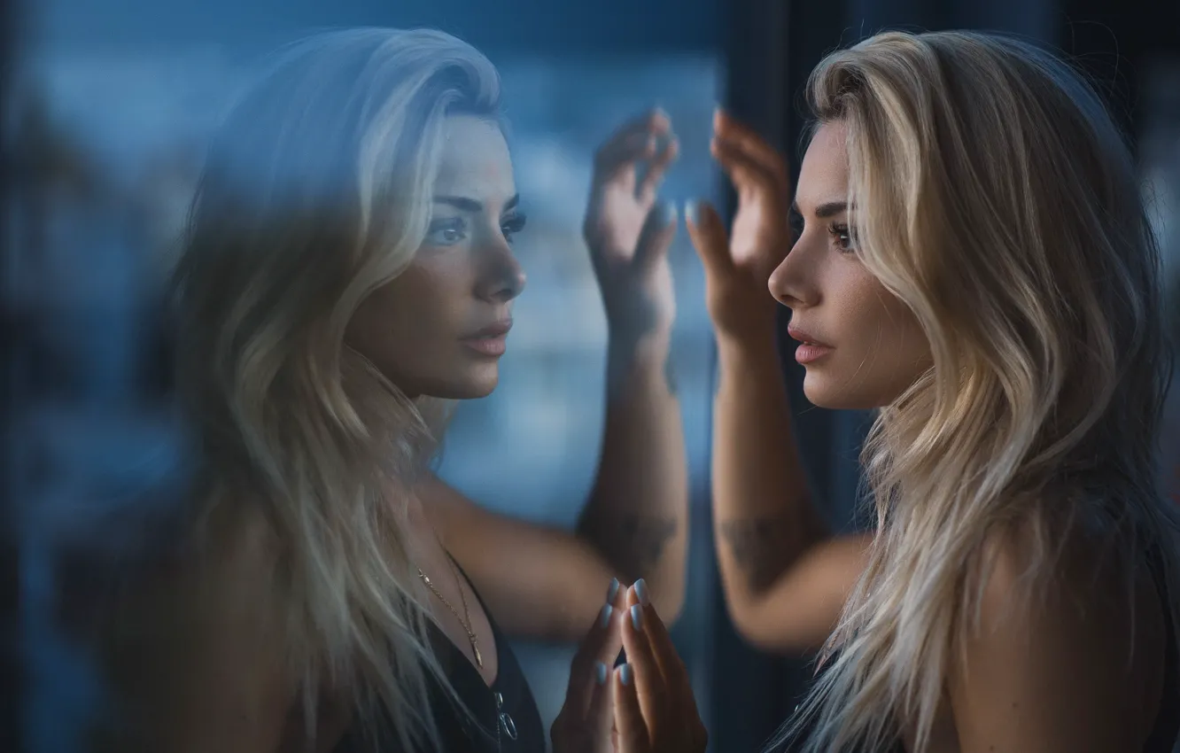 Photo wallpaper glass, girl, reflection, portrait, reflection, Manthos Tsakiridis