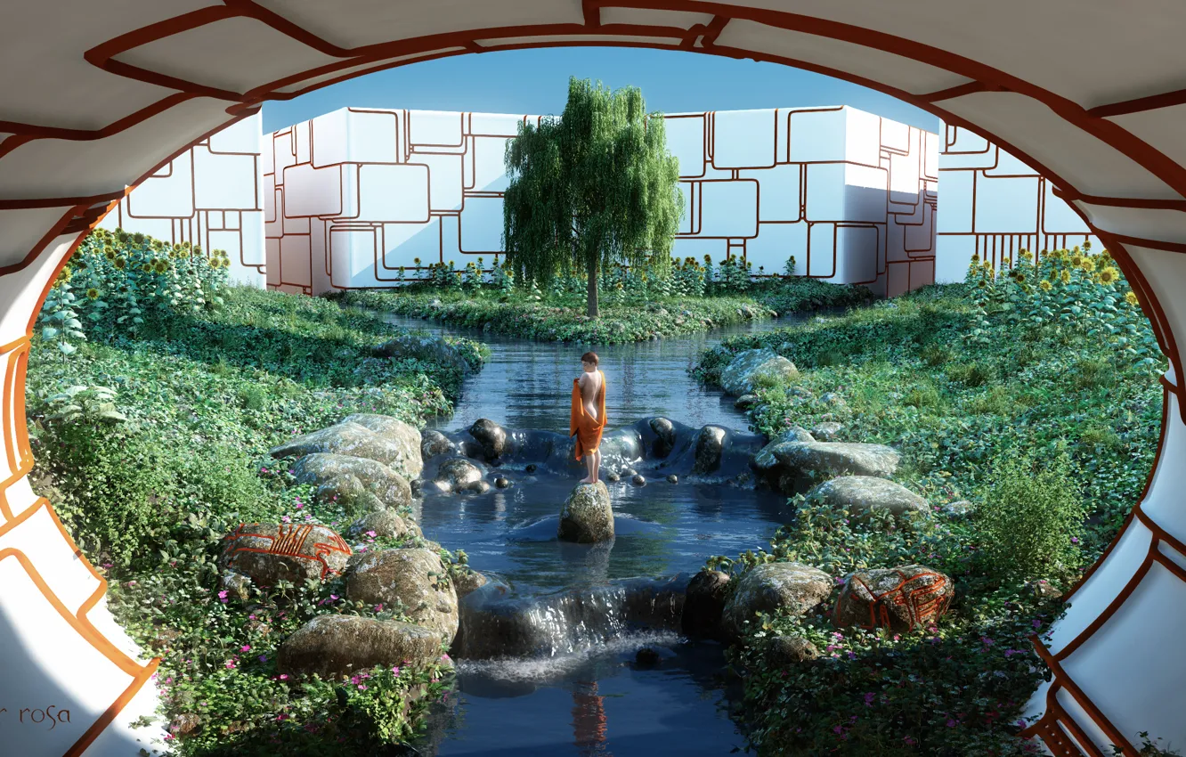 Photo wallpaper greens, grass, girl, the sun, trees, line, flowers, river