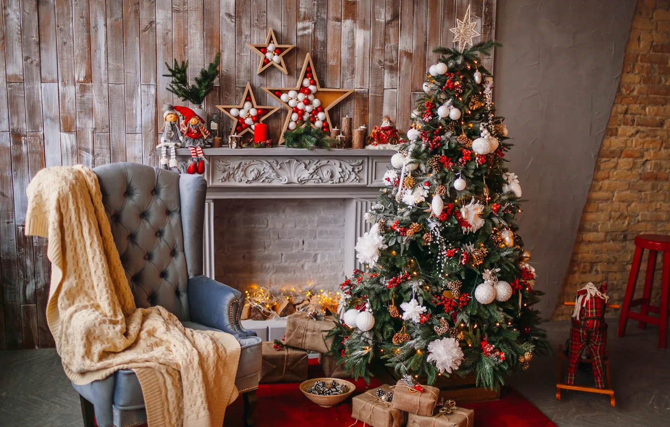Photo wallpaper design, balls, tree, New year, fireplace, decoration, Christmas, New Year