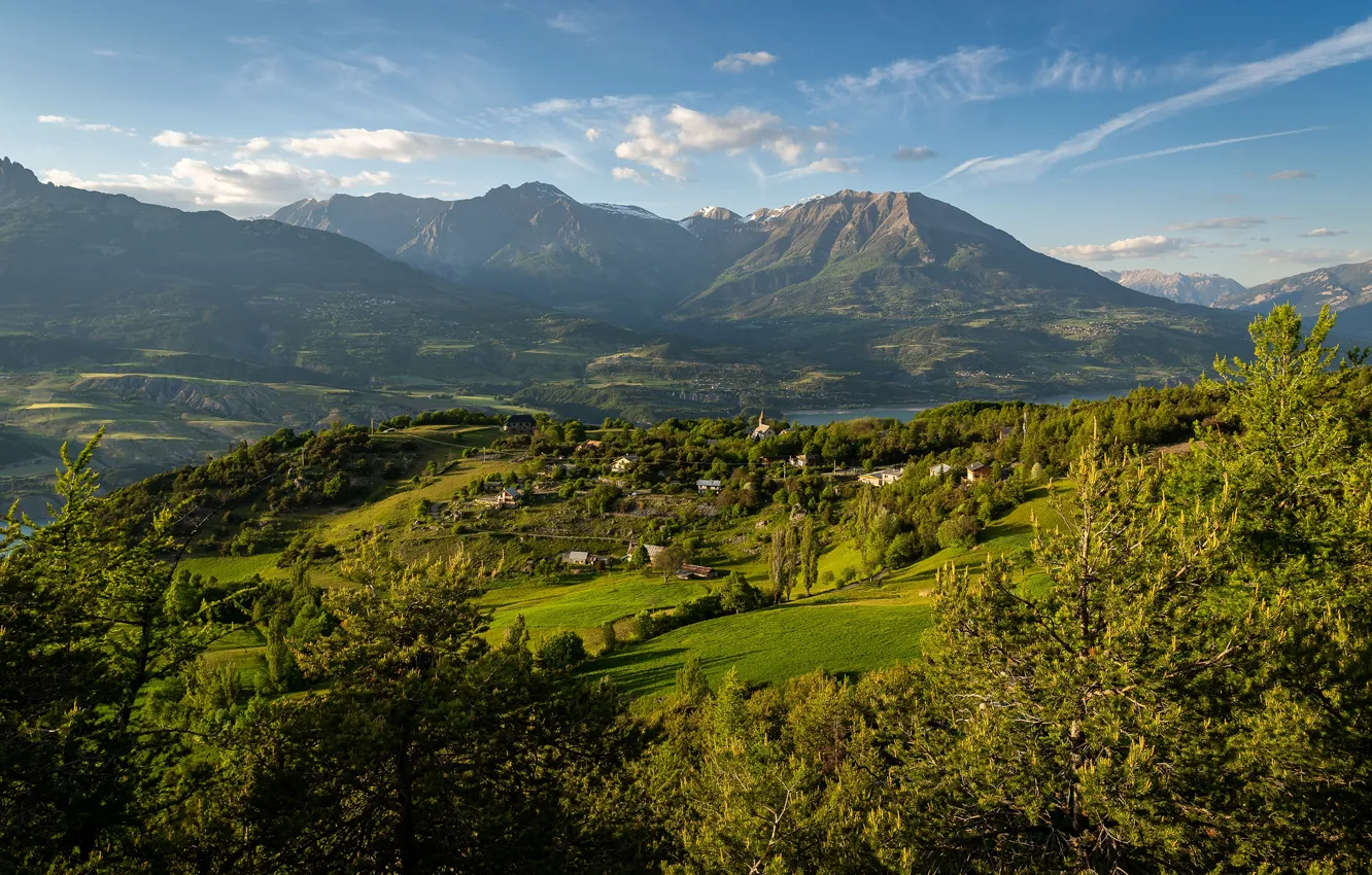 Photo wallpaper greens, the sky, the sun, clouds, trees, mountains, river, France