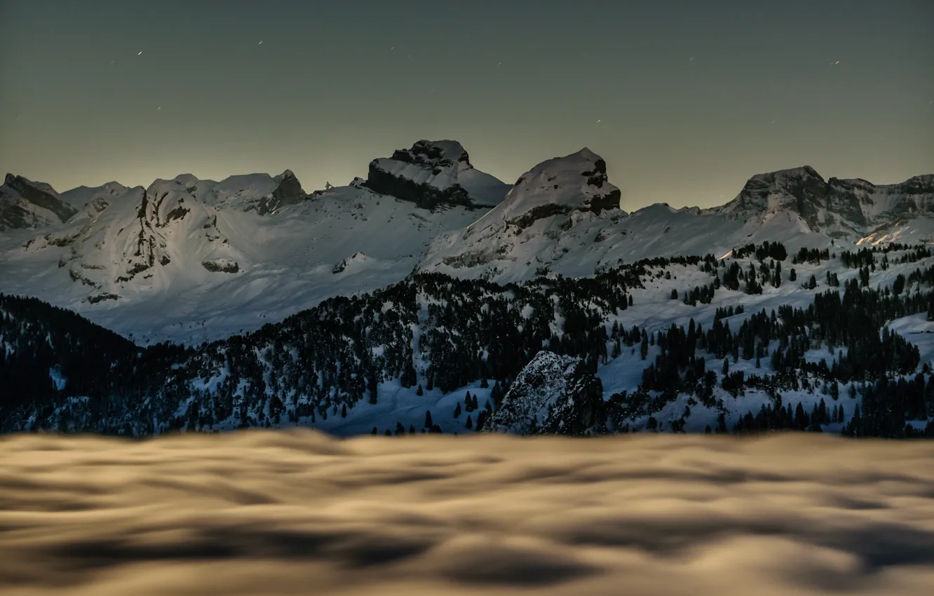 Photo wallpaper Switzerland, the sky, snow, mountains, winter, fog, tops, the evening