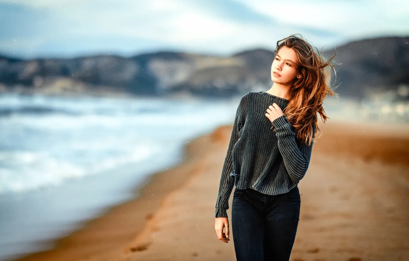 Photo wallpaper sea, beach, girl, landscape, pose, background, model, portrait