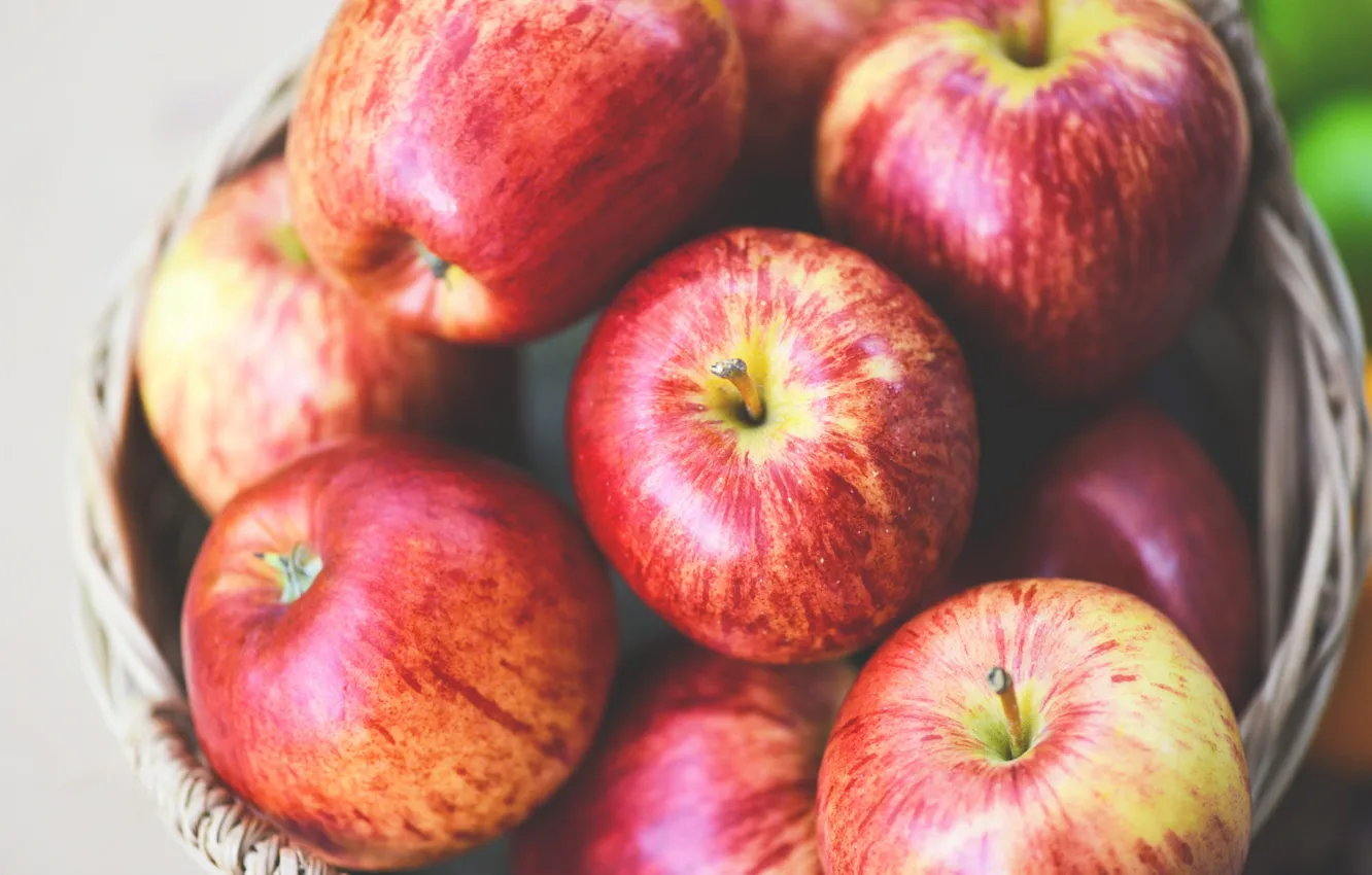 Photo wallpaper apples, food, harvest, red, fruit, basket, a lot, striped