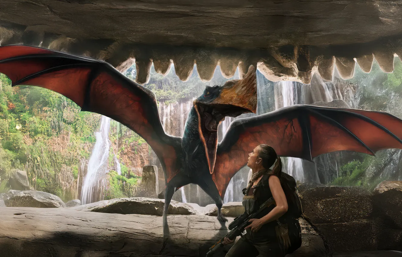 Photo wallpaper dinosaur, figure, Scarlett Johansson, profile, Scarlett Johansson, Jurassic World: Rebirth, Jurassic World: Rebirth, Zora Bennett