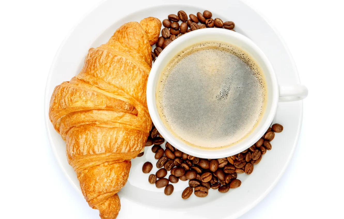 Photo wallpaper coffee, Cup, cakes, croissant