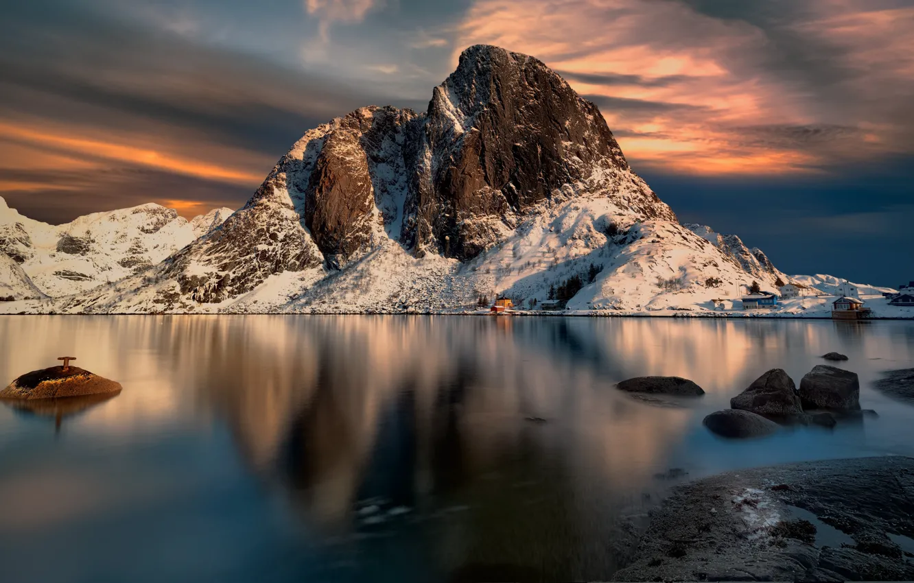 Photo wallpaper winter, clouds, light, snow, sunset, mountains, clouds, reflection