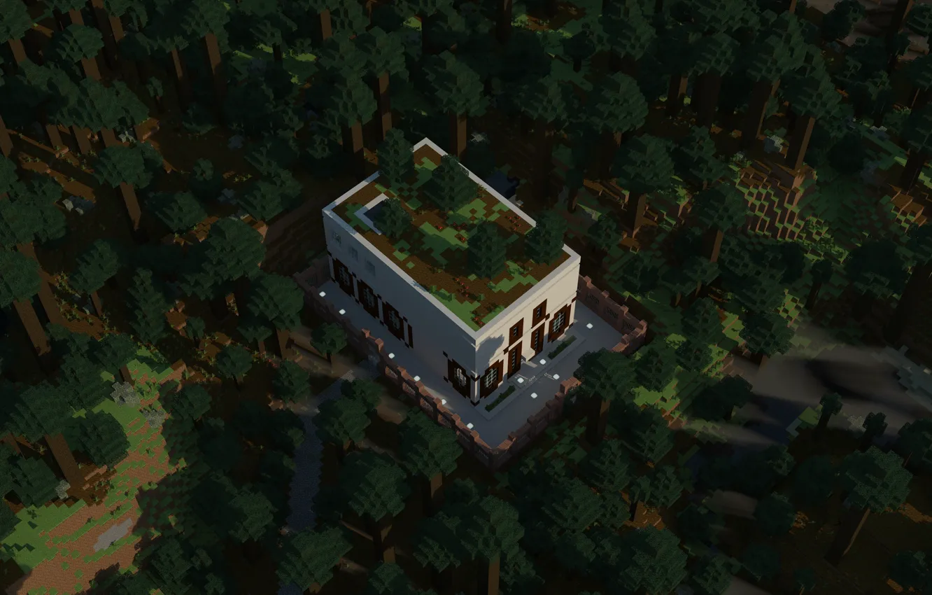 Photo wallpaper forest, Minecraft, taiga, golden autumn, cube house