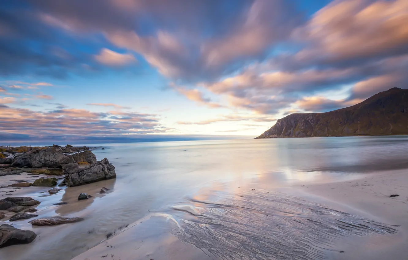 Photo wallpaper sand, sea, beach, the sky, clouds, landscape, mountains, nature