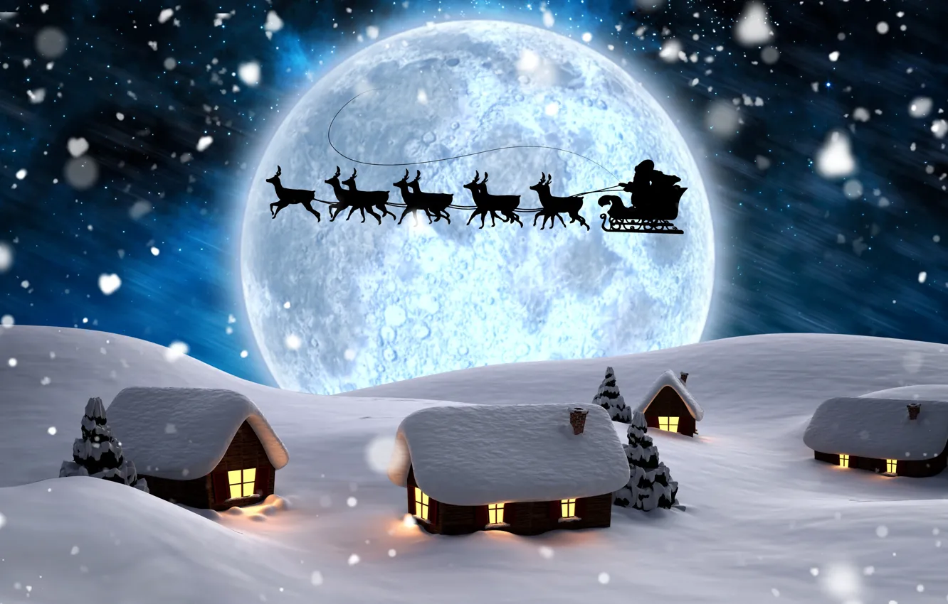 Photo wallpaper winter, snow, trees, snowflakes, night, lights, rendering, the moon