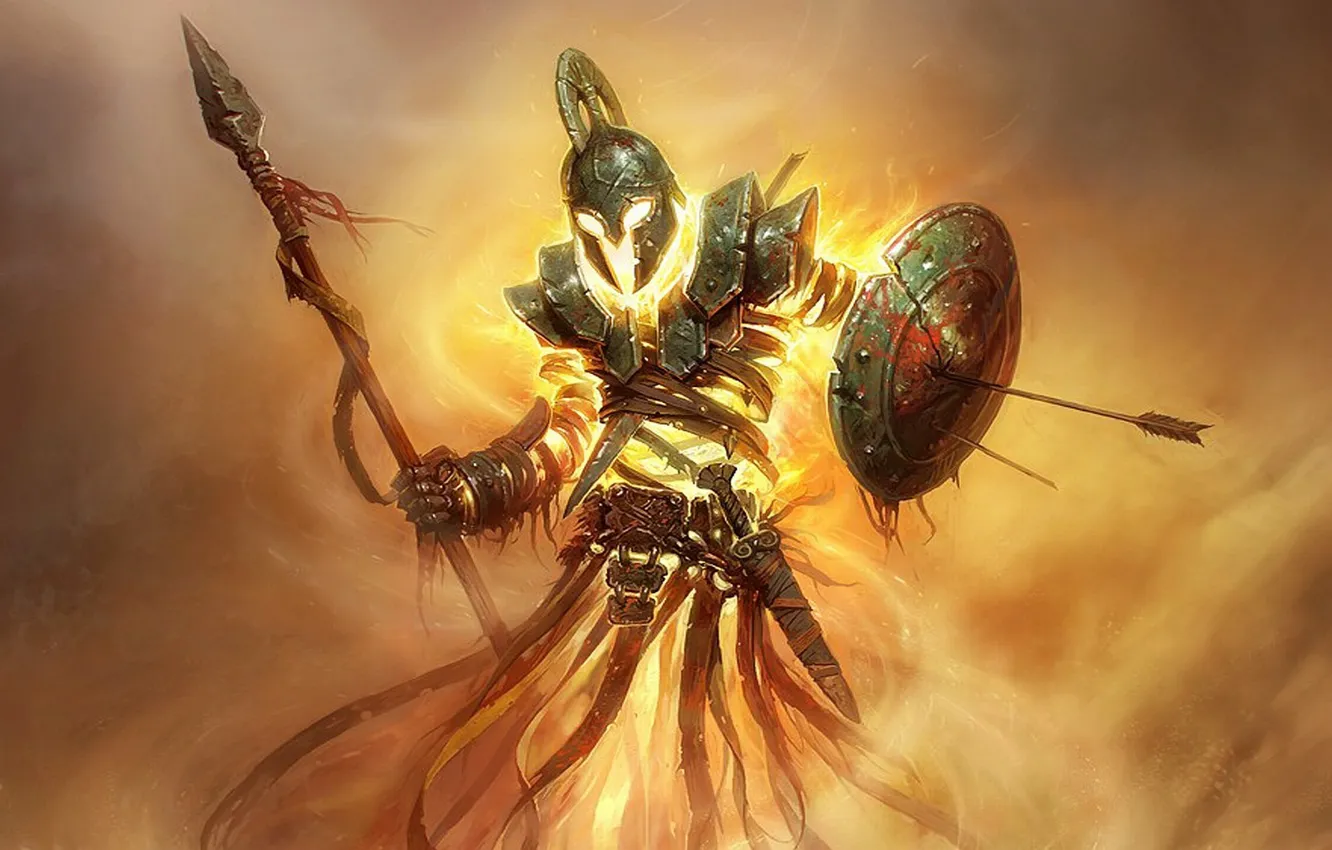 Photo wallpaper flame, magic, armor, the demon, helmet, shield, peak, Fire warrior