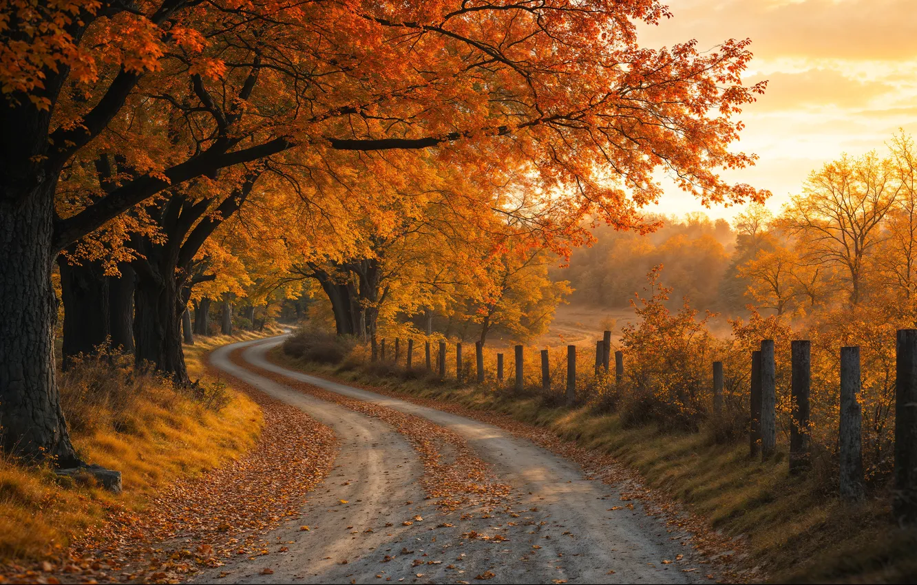 Photo wallpaper road, field, autumn, forest, the sun, rays, light, trees