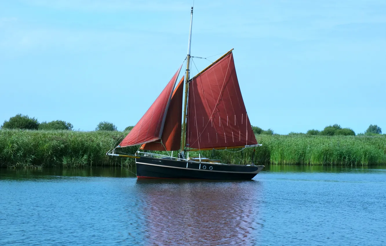 Photo wallpaper the sky, lake, shore, sailboat
