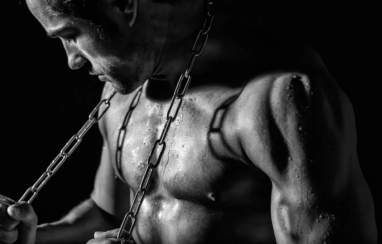 Photo wallpaper black and white, chain, guy, monochrome, muscles