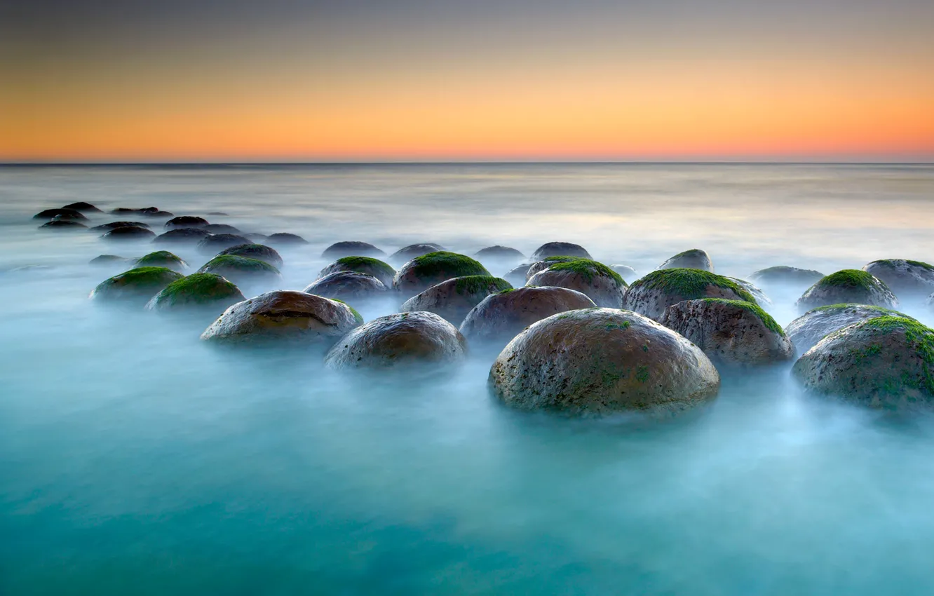 Photo wallpaper sea, the sky, algae, sunset, stones, ball, CA, USA