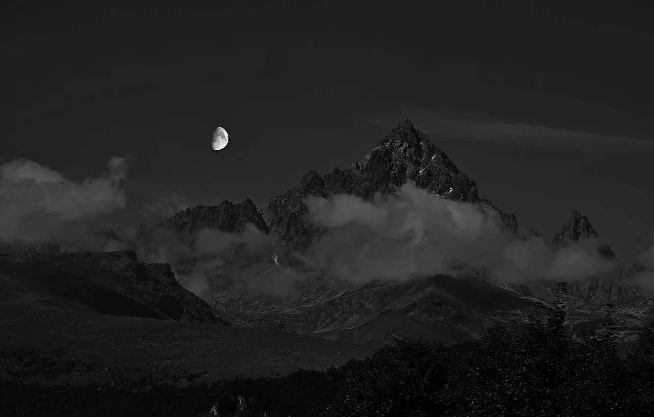 Photo wallpaper the sky, clouds, mountains, night, nature, rocks, the moon, black and white