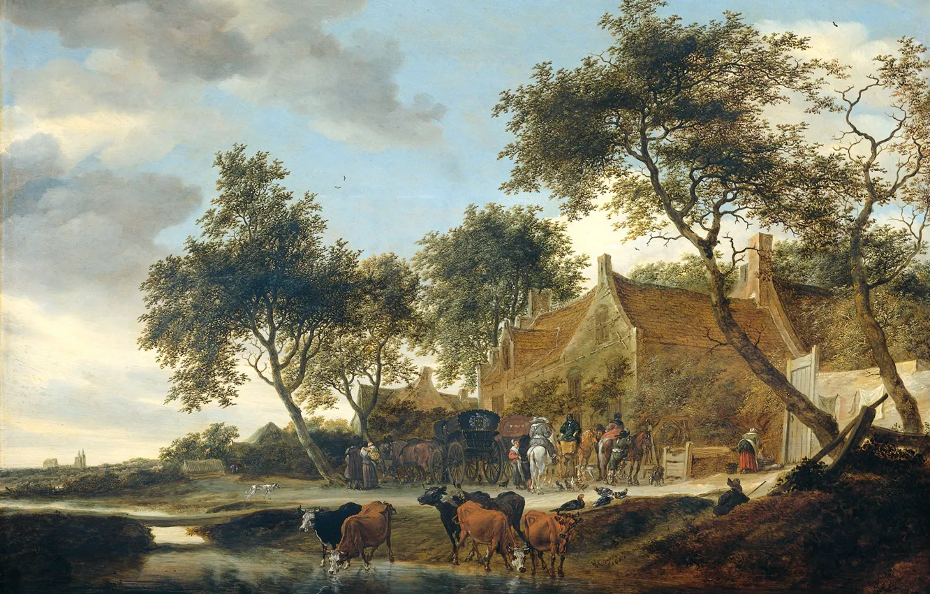 Photo wallpaper animals, landscape, house, tree, oil, picture, Coaching Inn, Salomon van Ruisdael