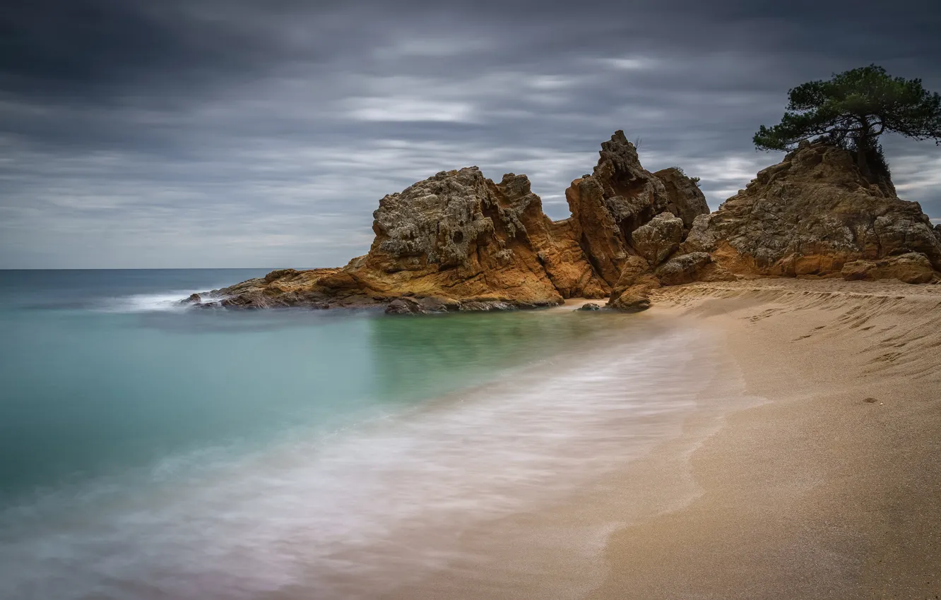 Photo wallpaper sand, sea, beach, the sky, clouds, overcast, rocks, shore
