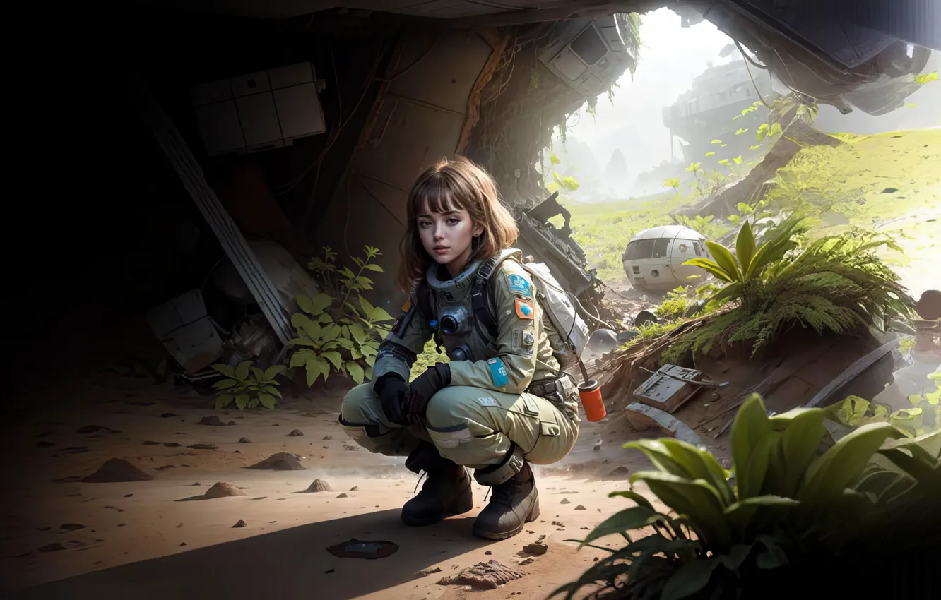 Photo wallpaper grass, the wreckage, other worlds, jumpsuit, beautiful girl, digital art, in the shelter, digital art