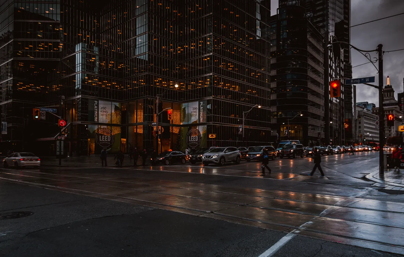 Photo wallpaper people, skyscrapers, the evening, the end of the day, cars, Toronto, street, pasmurno