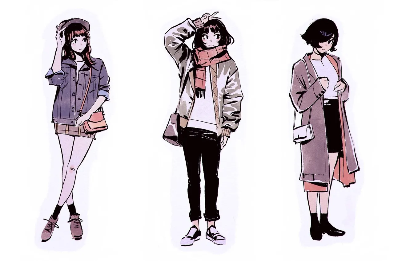 Photo wallpaper girls, shoes, scarf, jacket, sketch, three, white background, cap